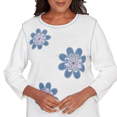 Women's Alfred Dunner Quilted Denim Applique Flower Sweater