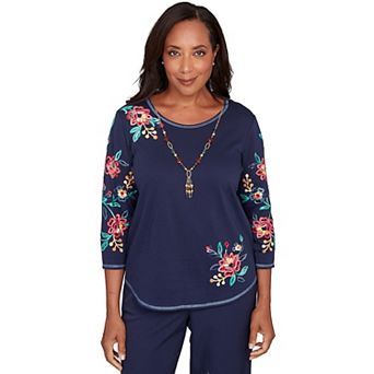 Petite Alfred Dunner Embroidered Sleeve Knit Top with Necklace