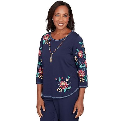 Petite Alfred Dunner Embroidered Sleeve Knit Top with Necklace
