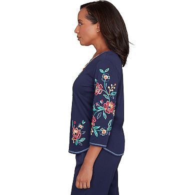 Petite Alfred Dunner Embroidered Sleeve Knit Top with Necklace