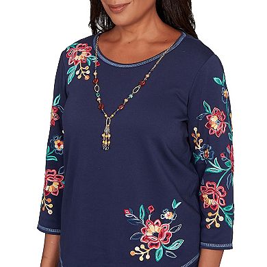 Petite Alfred Dunner Embroidered Sleeve Knit Top with Necklace