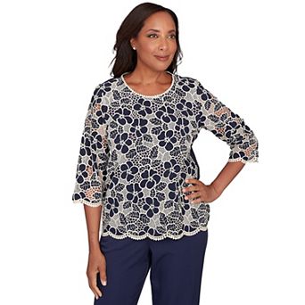 Petite Alfred Dunner Floral Lace Trim Soft Knit Top