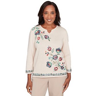 Petite Alfred Dunner Embroidered Floral Three-Quarter Sleeve Sweater