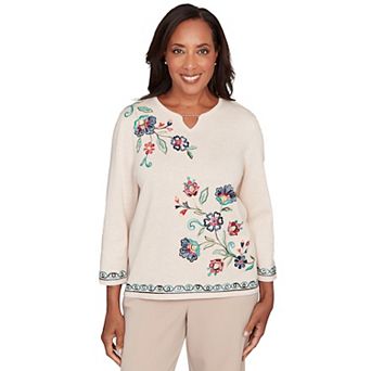 Petite Alfred Dunner Embroidered Floral Three-Quarter Sleeve Sweater