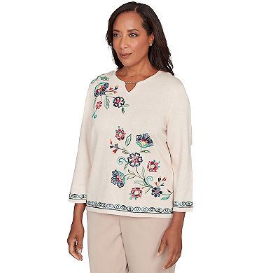 Petite Alfred Dunner Embroidered Floral Three-Quarter Sleeve Sweater