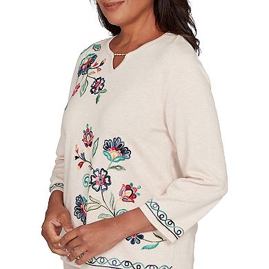 Petite Alfred Dunner Embroidered Floral Three-Quarter Sleeve Sweater