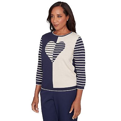 Petite Alfred Dunner Heart Motif Detail Striped Sweater