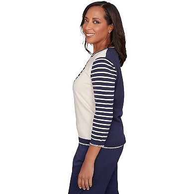Petite Alfred Dunner Heart Motif Detail Striped Sweater