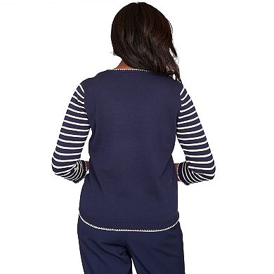 Petite Alfred Dunner Heart Motif Detail Striped Sweater