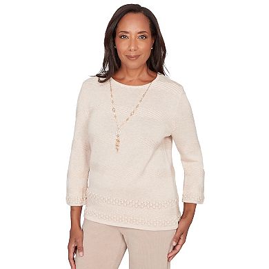 Petite Alfred Dunner Textured Striped Sweater with Necklace