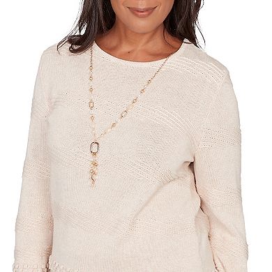 Petite Alfred Dunner Textured Striped Sweater with Necklace