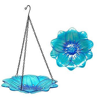 G128 Hanging Glass Blue Flower Bird Bath Bird Feeder 10 in for Garden Decoration