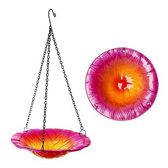 G128 Hanging Glass Pink Flower Bird Bath Bird Feeder 8 in for Garden Decoration