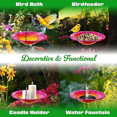 G128 Hanging Glass Pink Flower Bird Bath Bird Feeder 8 In for Garden Decoration