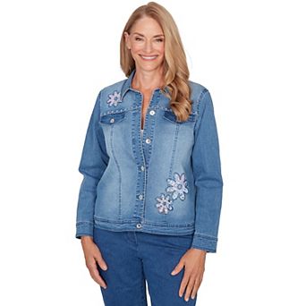 Petite Alfred Dunner Floral Applique Detail Denim Jacket