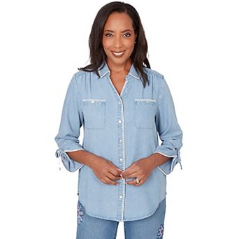 Petite Alfred Dunner Blanket Stitch Trim Button-Front Top