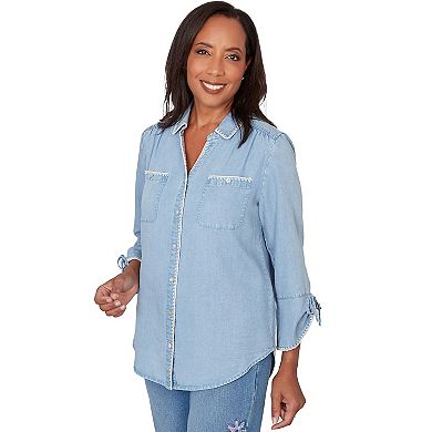 Petite Alfred Dunner Blanket Stitch Trim Button-Front Top