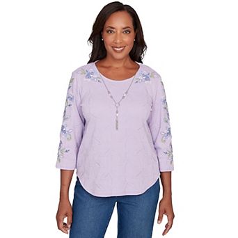 Petite Alfred Dunner Embroidered Sleeve Textured Top with Necklace