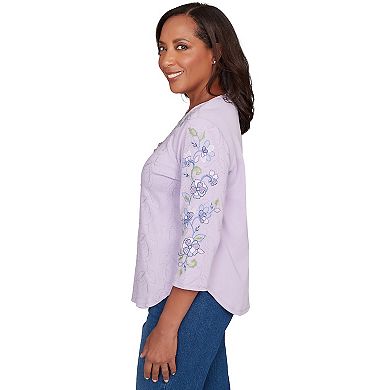 Petite Alfred Dunner Embroidered Sleeve Textured Top with Necklace