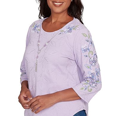 Petite Alfred Dunner Embroidered Sleeve Textured Top with Necklace