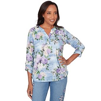 Petite Alfred Dunner Denim Floral Applique Henley Top