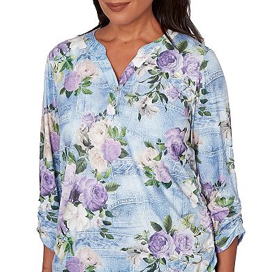 Petite Alfred Dunner Denim Floral Applique Henley Top