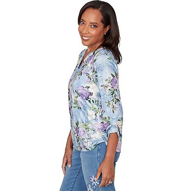 Petite Alfred Dunner Denim Floral Applique Henley Top