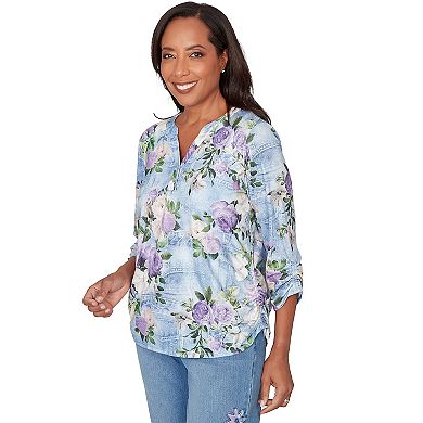 Petite Alfred Dunner Denim Floral Applique Henley Top