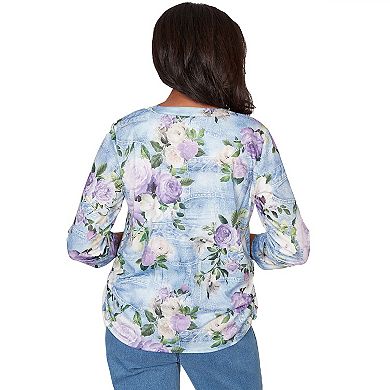 Petite Alfred Dunner Denim Floral Applique Henley Top