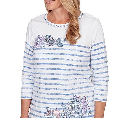 Petite Alfred Dunner Applique Flower Tie Dye Stripe Knit Top