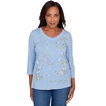 Petite Alfred Dunner Cross Stitched Floral V-Neck Top