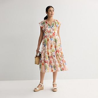 Women's London Times Flutter Sleeve Tiered Midi Dress