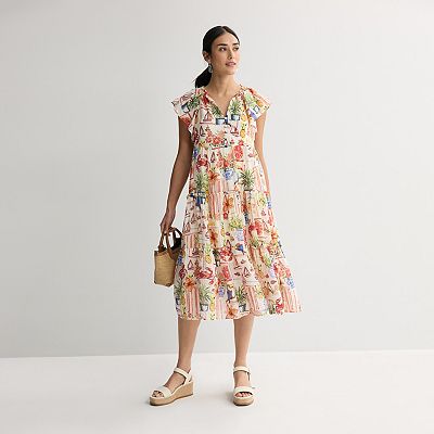 flutter sleeve tiered midi dress Yvonne Textured Flutter Sleeve Tiered Midi Dress w/ Drawstring