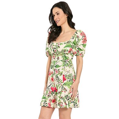 Women's London Times Puff Sleeve Squareneck Smocked Back Mini Dress