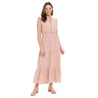 Women's London Times Ruffle Neck & Shoulder Smocked Waist Tiered Maxi Dress