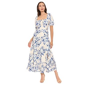 Women's London Times Puff Sleeve Square Neck Empire Smocked Back Midi Dress