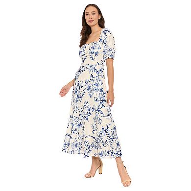 Women's London Times Puff Sleeve Square Neck Empire Smocked Back Midi Dress