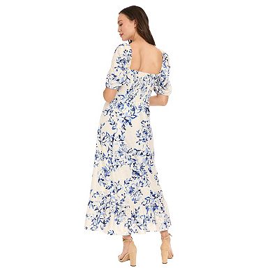 Women's London Times Puff Sleeve Square Neck Empire Smocked Back Midi Dress