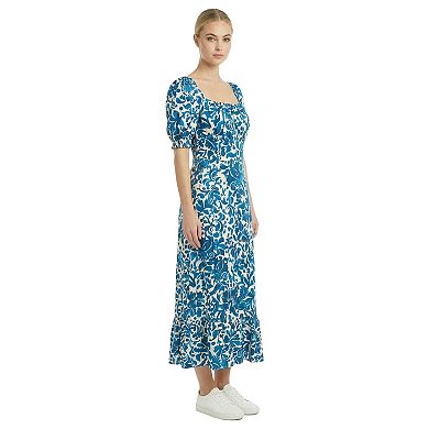 Women's London Times Puff Sleeve Ruched Empire Smocked Back Midi Dress