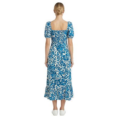 Women's London Times Puff Sleeve Ruched Empire Smocked Back Midi Dress