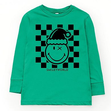 SmileyWorld Checkered Christmas Wink - Youth Long Sleeve Graphic T-Shirt