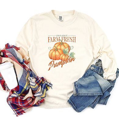 Farm Fresh Pumpkin Watercolor - Womens Garment Dyed Long Sleeve Graphic T-Shirt
