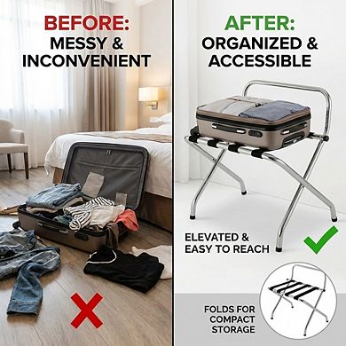 USTECH Single-Tier Chrome Luggage Rack with High Back Foldable Heavy-Duty Stand (Pack of 1)