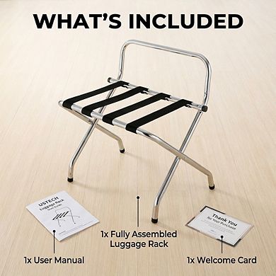 USTECH Single-Tier Chrome Luggage Rack with High Back Foldable Heavy-Duty Stand (Pack of 1)