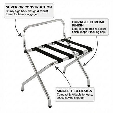 USTECH Single-Tier Chrome Luggage Rack with High Back Foldable Heavy-Duty Stand (Pack of 1)