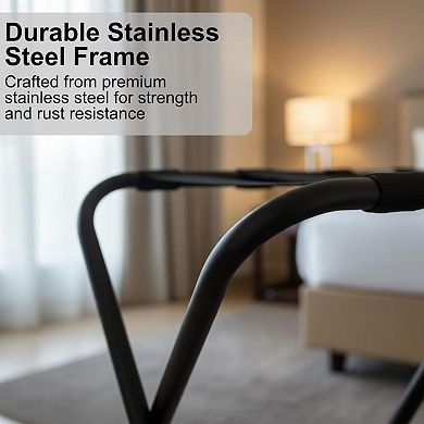 USTECH PRE-ASSEMBLED Double Tier Stainless Steel Luggage Rack, Black