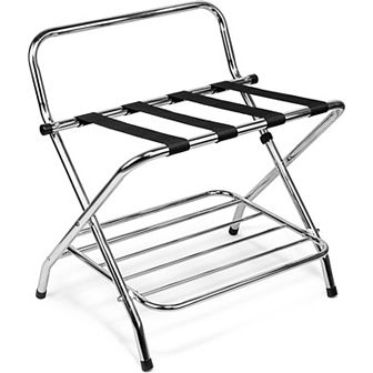 USTECH Double-Tier Chrome Luggage Rack with High Back Foldable Suitcase Stand, 24"x21"x25"