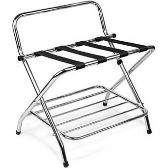 USTECH Double-Tier Chrome Luggage Rack with High Back Foldable Suitcase Stand, 24"x21"x25"