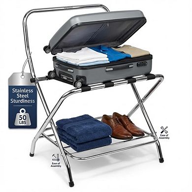 USTECH Double Tier Luggage Rack, Stainless Steel Suitcase Stand with High Back