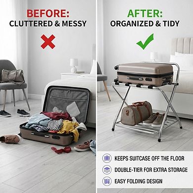 USTECH Double Tier Luggage Rack, Stainless Steel Suitcase Stand with High Back